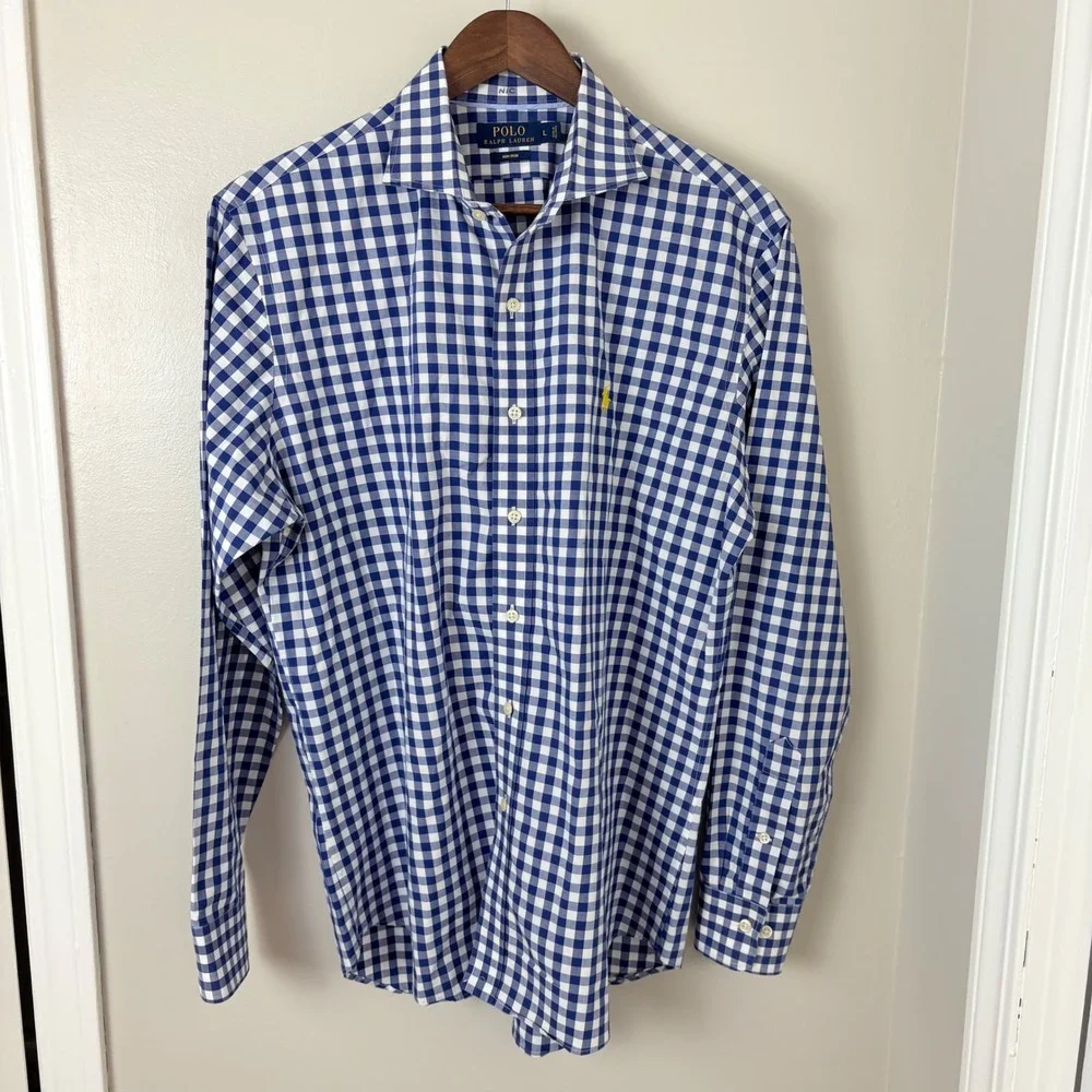 Polo Ralph Lauren Men's‎ L Non Iron Blue Gingham Plaid Check Button Down Shirt